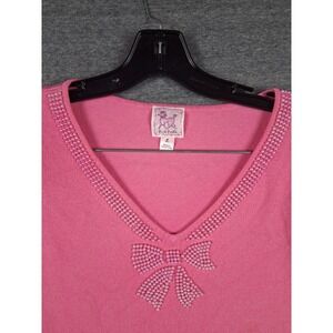 Pink Poodle Womens Sweater‎ Large Pink Pearl Bow Retro Barbicore Classic